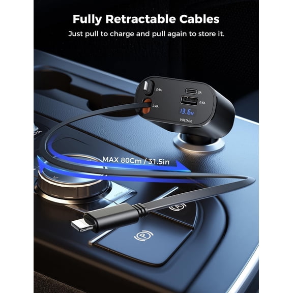 SHIQI-4-in-1 Car Charger with Retractable Apple Cords, USB C Charger Car Adapter Compatible with iPhone 17/16/15/14/13/12/11 Pro Max Samsung Android Phones