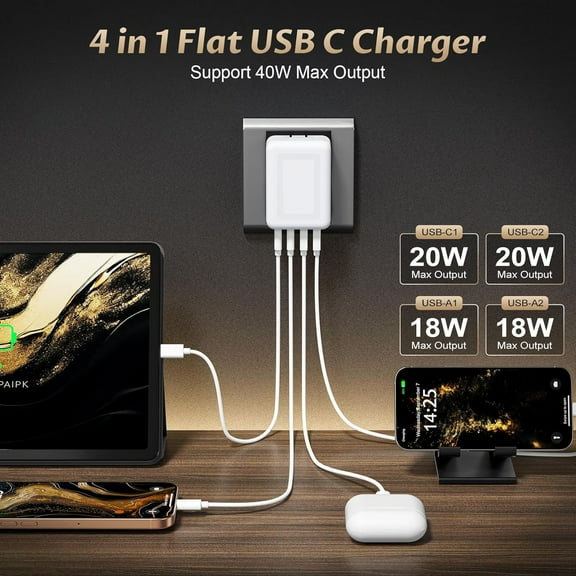 SHIQI-40W Flat USB C Wall Charger Foldable & Slim Fast Charging Block 4Port USB C Charger Block Cube Box Compatible with iPhone16/15 Samsung S23, Pixel, Tablets, Multiport Power Adapter Plug Brick