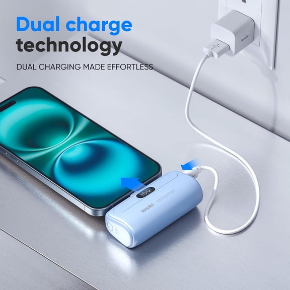 SHIQI-5000mAh USB-C Portable Charger - for iPhone 17/16/15, Android (Samsung, Pixel, Motorola, OnePlus, Xiaomi, LG) and Other USB-C Devices - Mini Battery Pack with LED Display (Blue, USB Type C)