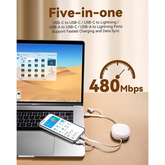 SHIQI-65W Retractable Charging Cable,5 in 1 Multi Charger Cable for Travel,USB Type C Charger Cord Fast Charging Cable with USB A/C to USBC+L for iPhone 17 16 15,iPad,Samsung,PS,Macbook-2Pack,3.8ft
