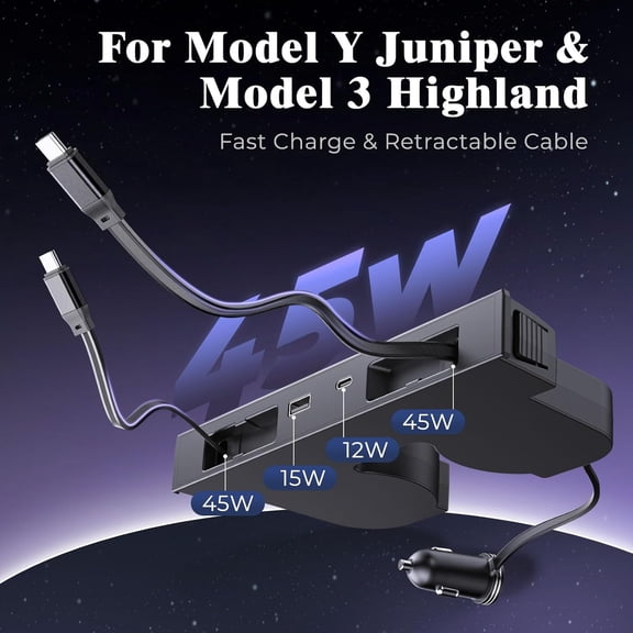 SHIQI-65W USB Hub for Tesla Model 3, New Model Y Juniper 2024 2025 2026 - Fast Charger for Tesla Model 3 Highland Accessories, Retractable Phone USB Charger Hub 4-Ports, 2 Type-C Cables (Black)