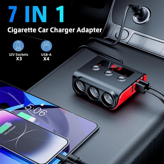 SHIQI-7 in 1 Cigarette Lighter Splitter, 3 Sockets Cigarette Lighter Splitter with 4 Fast Charging USB Ports, 120W 12V/24V DC Independent Power Switches & LED Voltage Display for All Car Devices