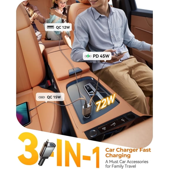 SHIQI-72W Car Charger USB C - PD45W USB C Retractable Cable Fast Charging for iPhone 16 17 Pro [Ultra-Compact, 75% Less Space] Car Phone Charger Adapter for iPhone 17 16 15 Pro, Samsung S25/S24, Pixe