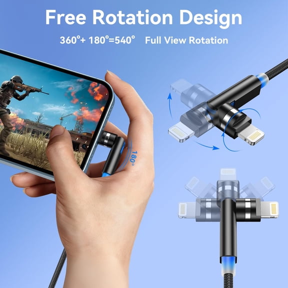 SHIQI-90 Degree Lightning Cable with 360 Rotating Head - 6FT MFi Right Angle Nylon Braided Charger Cord for iPhone14/13/12/11/X/8/7/6/5/SE/Pod Fast Chargin Right Angle Lightning Cable CarPlay