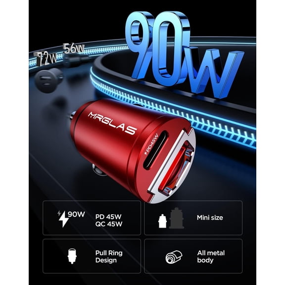 SHIQI-90W USB C Car Charger Fast Charge, PD45W & QC45W, Flush Fit, Extra 3.3ft Type C Cable, All Metal, Cigarette Lighter USB Charger for iPhone 16 15 Pro Samsung S25 S24 S23 Ultra Pixel 8/8Pro/7-Red