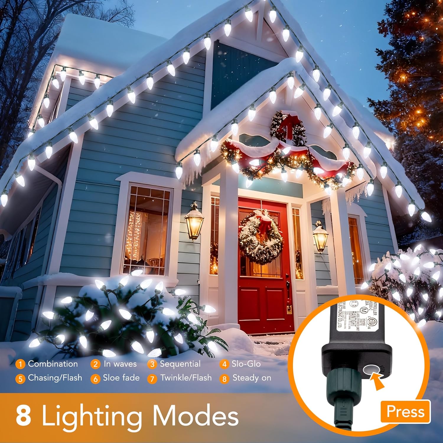 SHIQI-C9 LED Christmas Lights Outdoor,33 Feet 50 LED 8 Lighting Modes