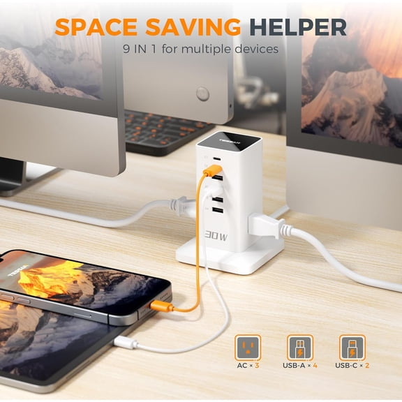 SHIQI-Charging Station 30W, 9-in-1 Charger Blocks for iPhone 17/16/15/14, Tablets, Earphone with Surge Protector, 5ft Flat Extension Cord with 4 USB A, and 2 USB C for Home, Office, Drom, White