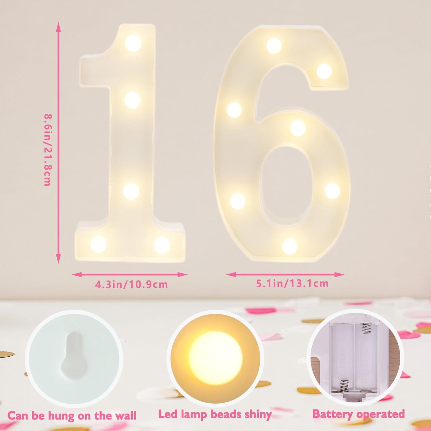 SHIQI-Decorative Led Light Up Numbers, 16th Birthday Decorations, Warm ...