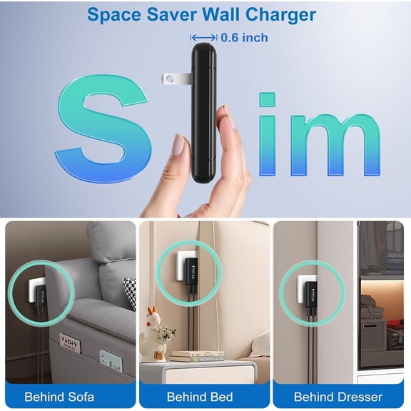 SHIQI-Flat USB C Wall Charger, 2 Pack 30W Slim USB A and USB C Power Adapter Plug PD+QC 3.0 Fast Charging Block with Foldable Outlet Plug for Galaxy A16 A14 A03S A05,iPhone 16 15(Black)