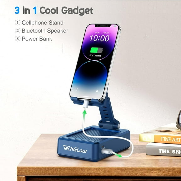 SHIQI-Gifts for Men Women Foldable Cellphone Stand with Bluetooth Speaker and Power Bank Birthday Gift Idea for Mom Dad Cool Gadget Tech Gifts-Blue