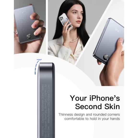 SHIQI-Magnetic Portable Charger, 5,000mAh Ultra-Slim Power Bank Wireless Charging Battery Pack with LED Power Display, Comfortable Grip Powerbank Compatible with iPhone 17/16/15/14/13 Series, Gray