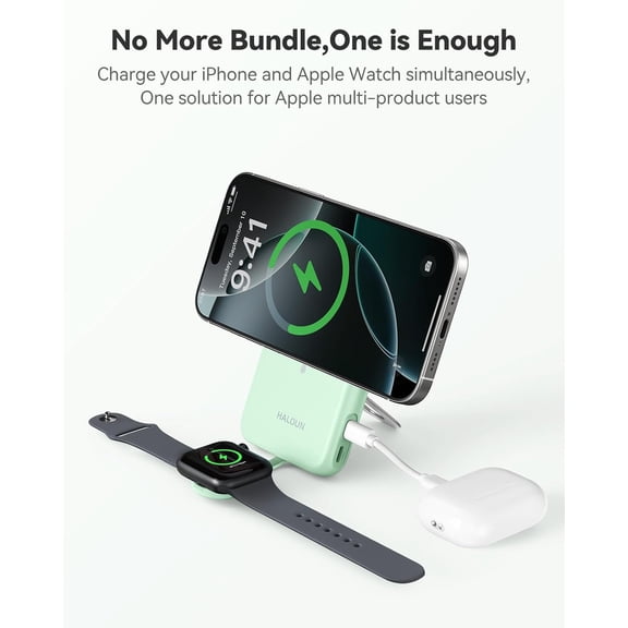 SHIQI-Magnetic Portable Charger for iPhone and Apple Watch, 10000mAh Wireless Power Bank PD 20W USB-C Fast Charging Battery Pack with Stand for iPhone 17/16/15/14/13/12 Pro MaxAiriWatch 11-1/SE/Ult
