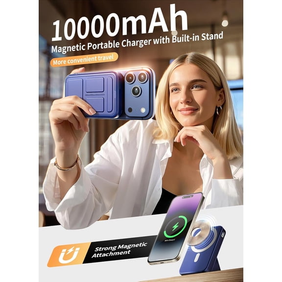 SHIQI-Magnetic Power Bank, 10000mAh Wireless Portable Charger with 20W USB-C Fast Charging, Foldable Stand & LED Display Battery Pack, Compatible with iPhone 16/15/14/13, Dark Blue