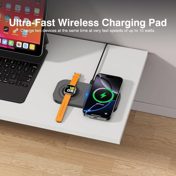 SHIQI-Magnetic Wireless Charging Station,2 in 1 Travel Fast Wireless Charger for iPhone 17/16/15/14/13/12 Series, Magnetic Qi Certified Charger Dock Stand for AirPods & Apple Watch Series