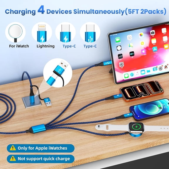 SHIQI-Multi Charging Cable with Dual Type-C Ports, 4 in 2 USB A/C Charing Cord for Apple Watch Charger/iPhone Charger/L Port, 5FT 2Pack iWatch Cable Travel Essentials for iWatch/iPhone 17-11/Android