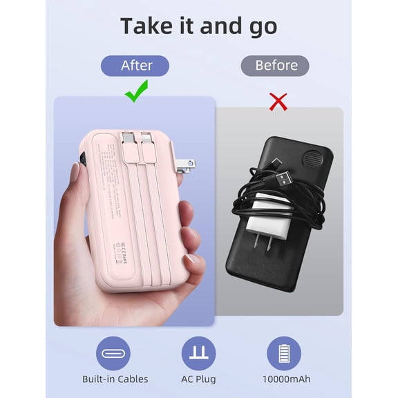 SHIQI-Portable Charger Built in Cables, AC Wall Plug in Portable Charger Power Bank 10000mAh Travel Battery Pack 22.5W Fast Charging for iPhone 17/16/15 Samsung Galaxy S24/S23/S22 Pixel LG iPad, Pink