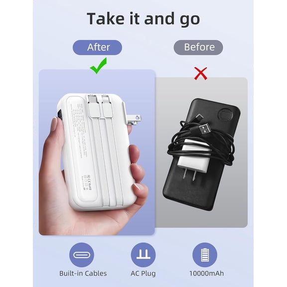 SHIQI-Portable Charger Built in Cables, AC Wall Plug In Portable Charger Power Bank 10000mAh Travel Battery Pack 22.5W Fast Charging for iPhone 17/16/15 Samsung Galaxy S24/S23/S22 Pixel LG iPad, Whit