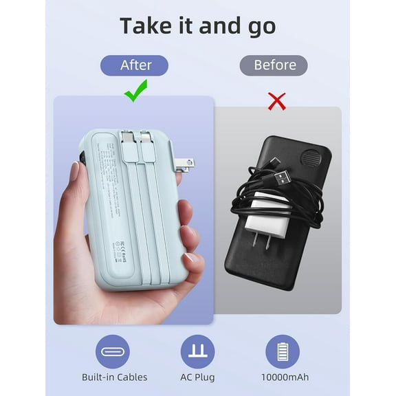 SHIQI-Portable Charger Built in Cables, AC Wall Plug in Portable Charger Power Bank 10000mAh Travel Battery Pack 22.5W Fast Charging for iPhone 17/16/15 Samsung Galaxy S24/S23/S22 Pixel LG iPad, Blue