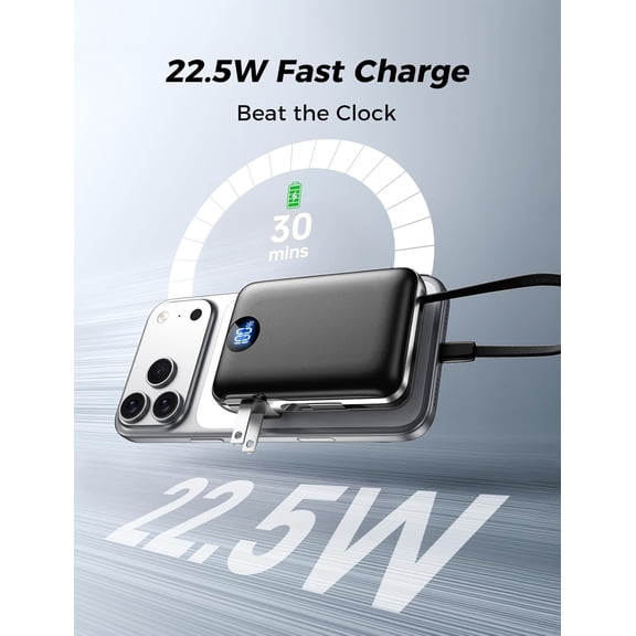 SHIQI-Portable Charger with Built in Cables & Wall Plug,10000mAh Power Bank, 4 Outputs,22.5W USB C Fast Charging,Slim Travel Essential Battery Pack with LED Display for iPhone 17/16/15/14 Series, Sam