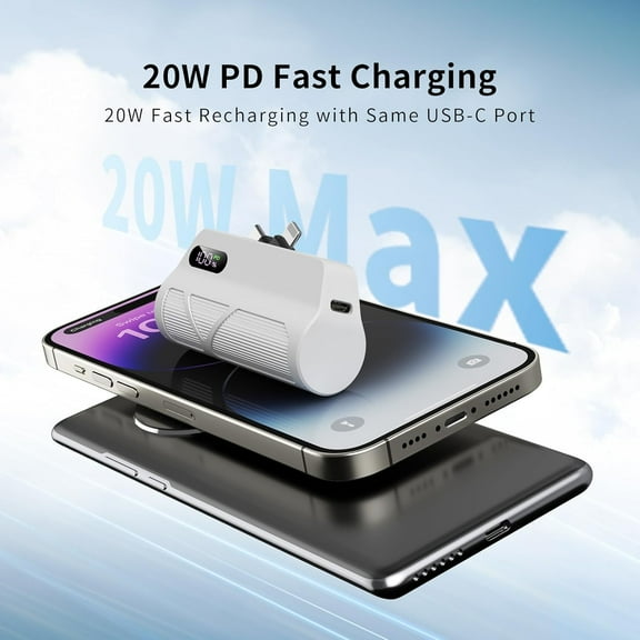 SHIQI-Portable Charger Power Bank 5000mAh with Built-in Cables, PD20W Fast Charging, Dual Ports (Type-C & Apple-Compatible), Compact Design for Travel & CommutingWhite