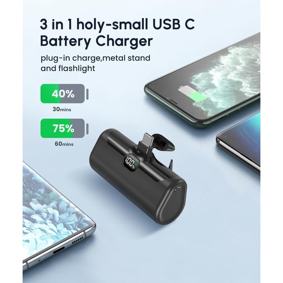 SHIQI-Portable Phone Charger for iPhone 16/15 series, 5000mah Mini & Compact USB C Power Bank with Stand (0%-100% Digital Display) 15w pd fast charging external battery pack for android cellPHONES-Bl