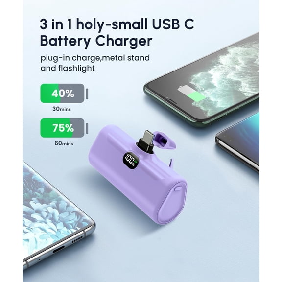 SHIQI-Purple USB C Power Bank Portable Charger with Led Display for iPhone 16e 5000mah Small Battery Pack Fast Charging with Stand Compatible with Type C Cellphones,Samsung, Google,Moto,TCL, and More