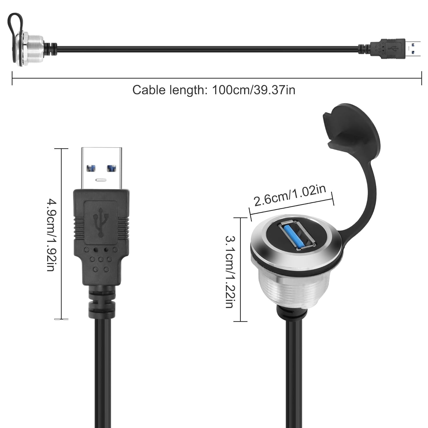 Usb Threaded SHIQI-USB 3.0 Panel Flush Mount Cable 5Gbps USB Type-A Male to USB Type ...