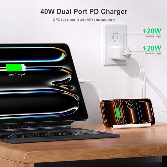SHIQI-USB C 20W Wall Charger, 2 Pack Dual Port 40W PD 3.0 Type C Fast Charging Block, Durable Portable Charger for iPhone 11/12/13/14/15/16 Pro Max, iPad Pro, AirPods 4, for Apple Watch 10, Samsung G