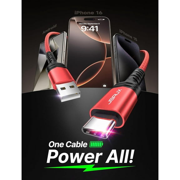 SHIQI-USB C Cable Fast Charging, 3-Pack (10ft+6.6ft+3.3ft) USB A to Type C Charge Cord for iPhone 17/17 Pro/17 Pro Max, iPhone 16/16 Pro/16 Pro Max, Samsung Galaxy S21 S20 Note 20, USB C Charger(Red)
