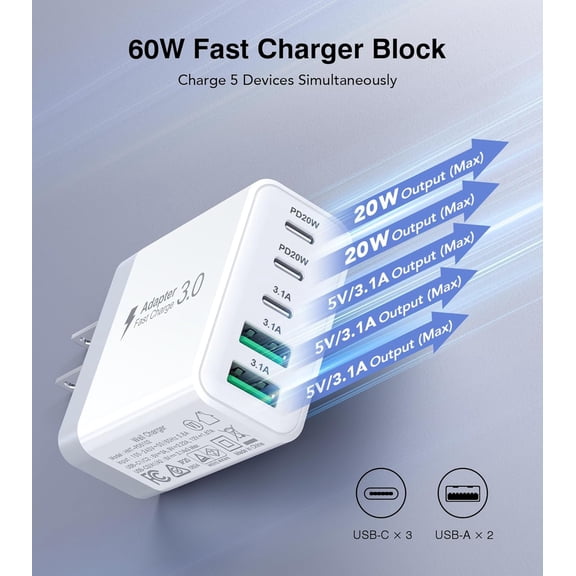 SHIQI-USB C Charger Block, [2-Pack] 60W 5-Port Fast Charger 20W Type C Charging Block 3.1A USB Wall Charger Dual Port PD+QC Charging Cube for iPhone 17 16 15 14 13 12 Pro Max XS, iPad, Samsung Phone,