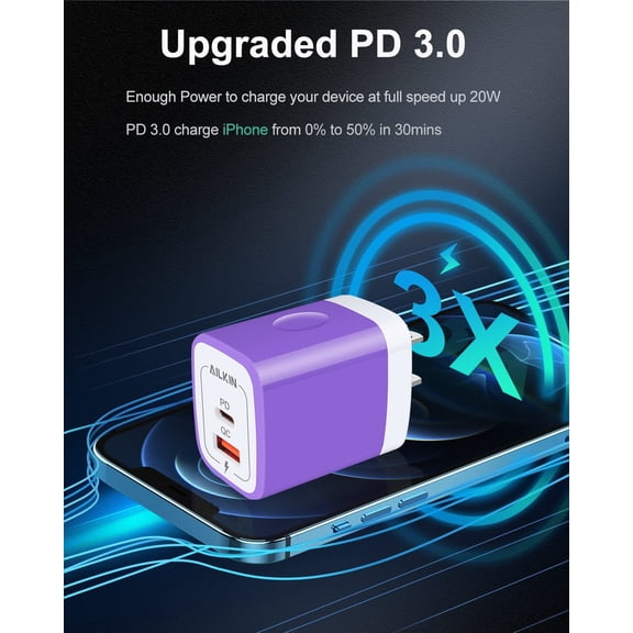 SHIQI-USB C Wall Charger, 3Pcs 20W PD + QC3.0 USBC Charger Block Super Fast Power Output Rapid Charging Box Wall Plug Cube for Apple iPhone, Samsung Galaxy, Motorola, LG, Google Pixel - Purple