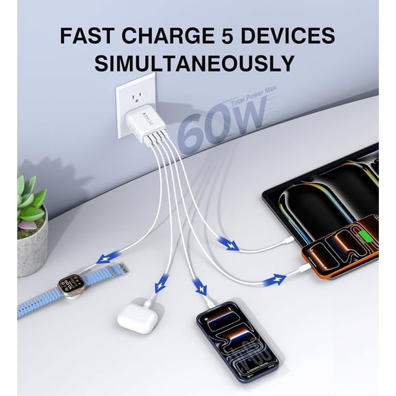 SHIQI-USB C Wall Charger Block, 2Pack 60W 5-Port C Charger Fast Charging Block PD Power Adapter +QC 3.0 Multiport Type C Box Brick Cube USB A Wall Plug for iPhone 15/16/17 Pro Max Plus, iPad,Samsung