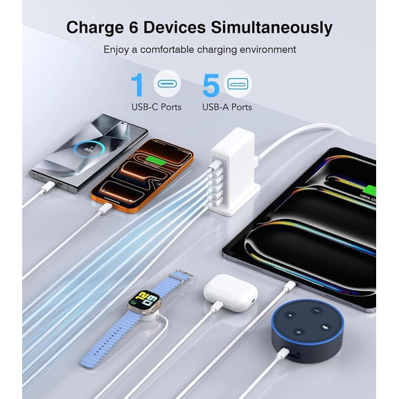 SHIQI-USB Charger Block, 45W 6-Port Charging Station for Multiple Devices, USB A and Type-C Charger Tower Fast Charging Dock Hub Power Strip for iPhone iPad Tablets Android Smartphones, Home Office U