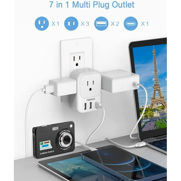 SHIQI-USB Wall Charger, Wall Plug Adapter Outlet Extender, 3 Charger Block (1 USB C Port), Multi Charging Station for Cruise, Bathroom, Office, Dorm Essentials, White