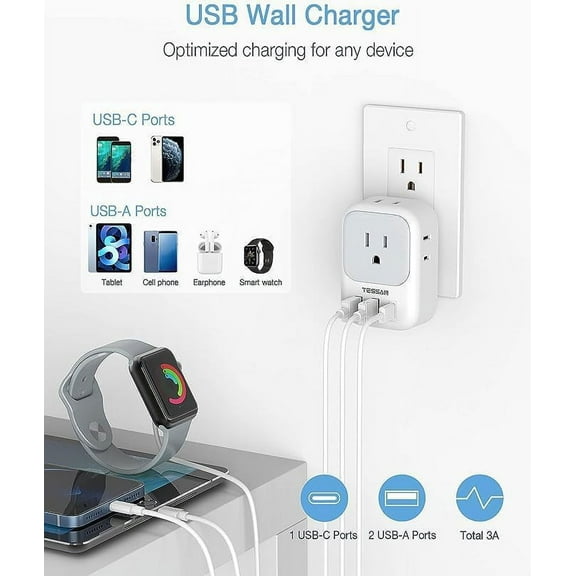 SHIQI-USB Wall Charger, Wall Plug Adapter Outlet Extender, 3 Charger Block (1 USB C Port), Multi Charging Station for Cruise, Bathroom, Office, Dorm Essentials