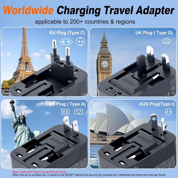 SHIQI-Universal Travel Adapter Fast Charger, Worldwide Plug Adapter 2 USB C PD3.0 & 2 USB-A Quick Charge, All in One International Power Adaptor GaN Smart Wall Charger 4 Ports for Phone Laptop USA EU