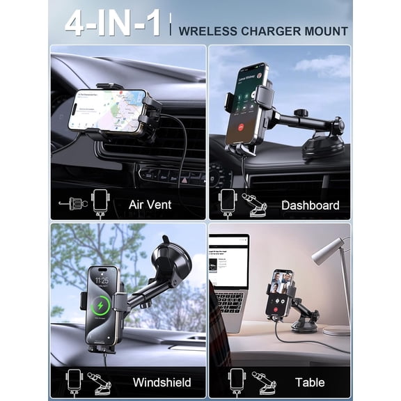 SHIQI-Wireless Car Charger, 15W Fast Charging Auto Clamping Dashboard Windshield Air Vent Car Phone Holder with LED Light Car Charger for iPhone 16 15/14/13/12 Pro Max Plus, Samsung S23/S22/S21,etc