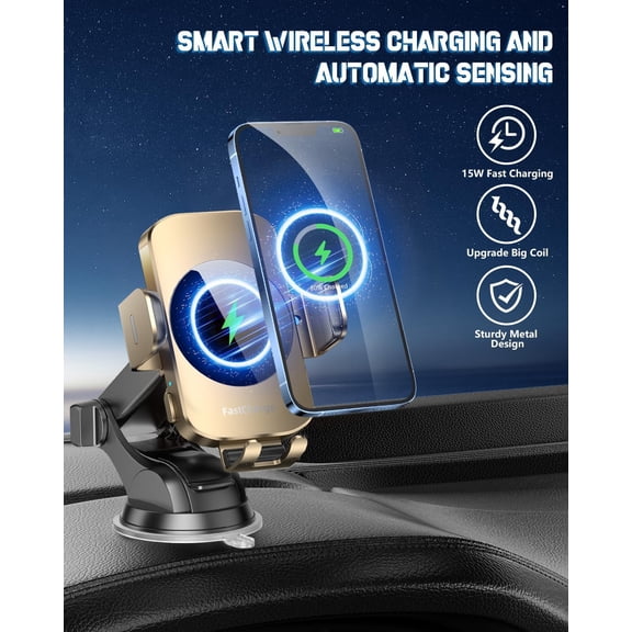 SHIQI-Wireless Car Charger, Fast Charging Phone Holder 3 in 1 Phone Mount Auto Clamping Car Accessories Compatible with iPhone 16 15 14 13 12 11 Xs XR, Samsung S23 Ultra S22 S21 S20/S10+ S9+ Note 9