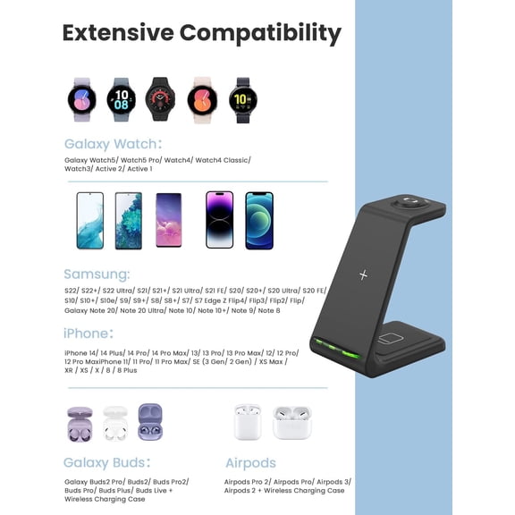 SHIQI-Wireless Charger for Samsung&Android: 3 in 1 Charging Station for Galaxy Watch5 Pro/4/3/Active2/1 - Phone Charger Stand for S23 Ultra/S22/S21/S20/Note 20, Z Fold&Flip Series, Buds2 Pro