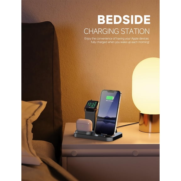 SHIQI-Wireless Charging Station 3 in 1 Compatible with Apple Devices, Charging Dock for iWatch, Built-in Wireless Charger Stand for iPhone Series AirPods Gifts (with 18W Adapter) Graphite Black