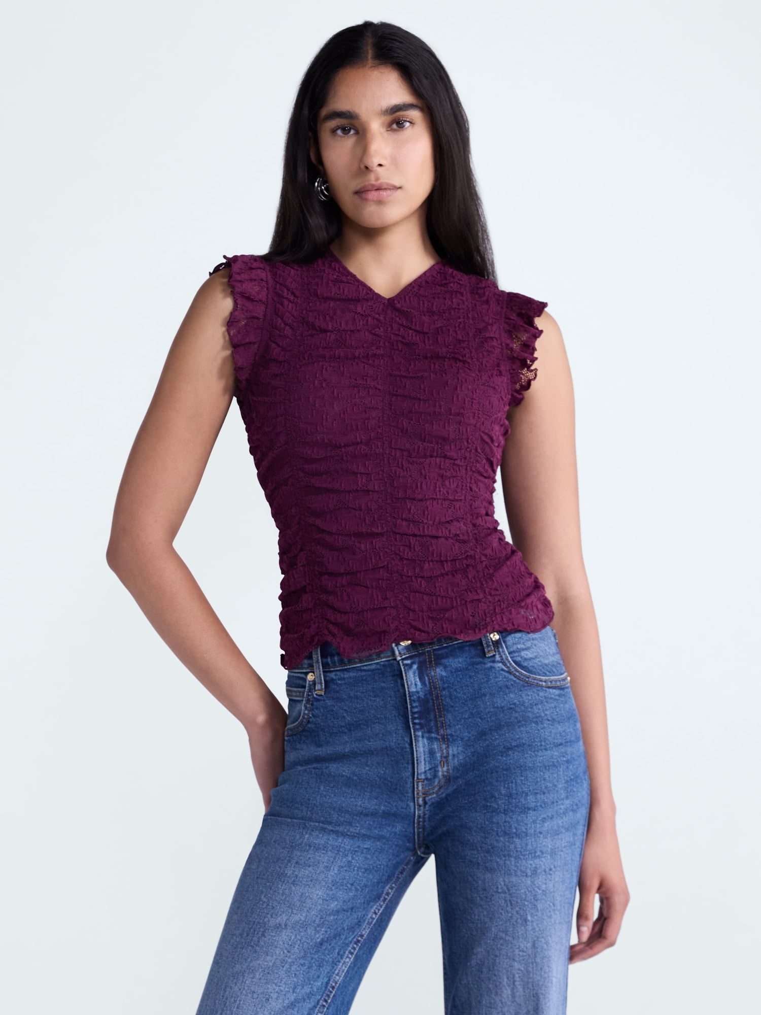 Scoop Women’s Shirred Lace Top, Sizes XS-XXL