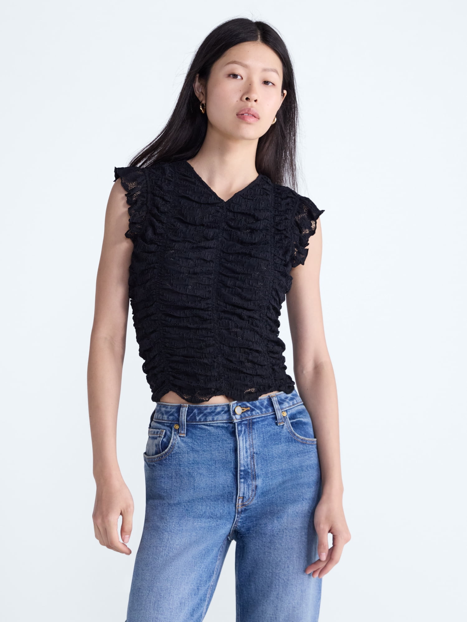 Scoop Women’s Shirred Lace Top, Sizes XS-XXL