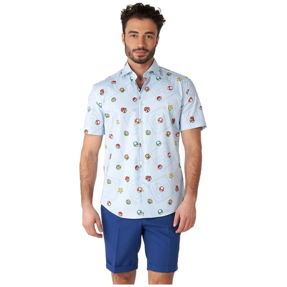 OppoSuits Men's Summer Shirts SHIRT Short Sleeve Super Mario Icons - XXL Blue