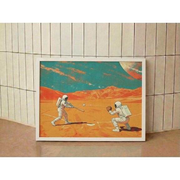 SHIRVA Astronaut Baseball Wall Art Retro Space Mid-Century Print, Unframed Paper Poster 12x8in