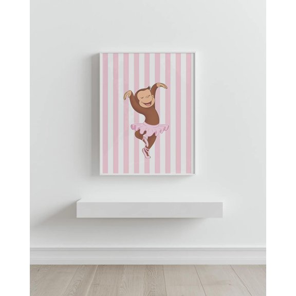 SHIRVA Ballerina Poster, Pink Resort Stripe Art Print, Minimalist Monkey Wall Decor, Kawaii Room Illustration, Unframed Canvas 8x12in