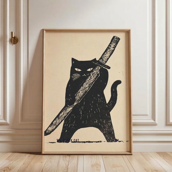 SHIRVA Black Cat Samurai Art Print, Japanese Woodblock Style Wall Poster, Funny Ninja Cat Decor, Whimsical Wall Art for Cat Mom Gift, Unframed Paper Poster 8x12in