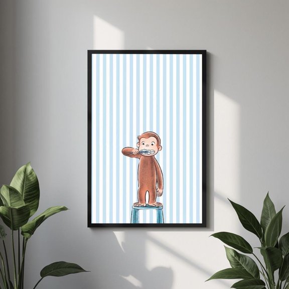 SHIRVA Blue Striped Nursery Art Brushing Teeth Print, Bathroom Decor Monkey Bedroom Art Cute Storybook Gift Poster Canvas, Unframed Paper Poster 8x12in