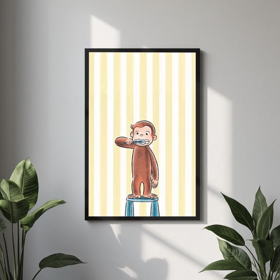SHIRVA Curious George Poster, Toothbrush Monkey Wall Art, Yellow Striped Nursery Print, Bathroom Bedroom Decor, Storybook Gift, Wall Poster Art, Unframed Paper Poster 8x12in