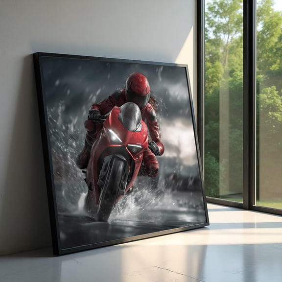 SHIRVA Dynamic Red Motorcycle Rider Canvas, Speed Racing Wall Art, Sport Bike Rain, Adventure Motorsport Canvas, Modern Vehicle Decor, Unframed Paper Poster 12x8in