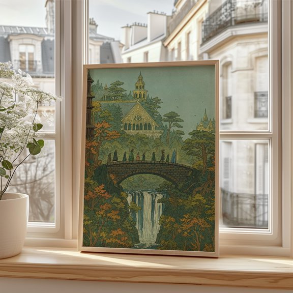 SHIRVA Fantasy Fellowship Poster, Rivendell Bridge Art, Waterfall Nature Wall Print, Elven Architecture Decor, Gift For Fantasy Book Lovers, Unframed Paper Poster 8x12in
